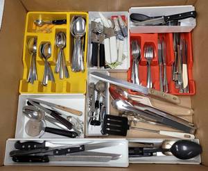 lot 459 image: LOT OF KITCHEN UTENSILS, KNIVES, FLATWARE AS SHOWN.
