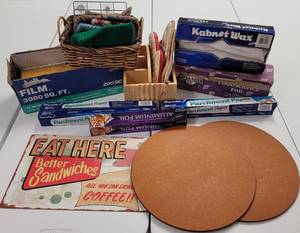 lot 468 image: ALUMINUM FOIL, SHRINK WRAP, WALL SIGN, BOARDS AND MORE AS SHOWN.