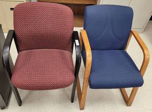 lot 442 image: (2) UPHOLSTERED CHAIRS IN STYLES SHOWN. APPROX. 24 W x 33.5 H x 24 D. SOLD 2 X THE MONEY