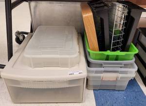 lot 463 image: PLASTIC STORAGE CONTAINERS AND OFFICE LETTER TRAYS AS SHOWN.
