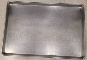 lot 466 image: (4) COMMERCIAL GRADE STAINLESS STEEL FULL SHEET BAKING PANS AS SHOWN. EACH APPROX. 26 W x 18 H. SOLD 4 X THE MONEY