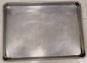 lot 467 image: (4) COMMERCIAL GRADE STAINLESS STEEL HALF SHEET BAKING PANS AS SHOWN. EACH APPROX. 18 W x 13 H. SOLD 4 X THE MONEY
