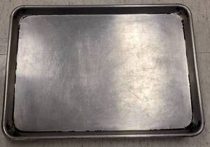 lot 471 image: (6) COMMERCIAL GRADE STAINLESS STEEL HALF SHEET BAKING PANS AS SHOWN. EACH APPROX. 18 W x 13 H. SOLD 6 X THE MONEY