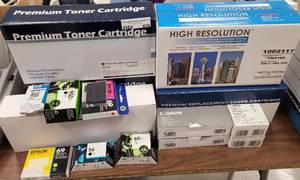 lot 476 image: LOT OF ASSORTED PRINTER TONER  INK CARTRIDGES AND STAPLES AS SHOWN.