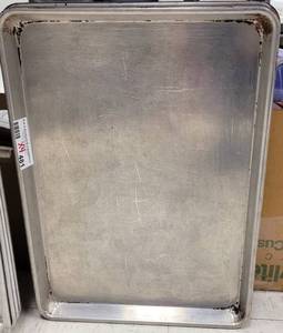 lot 481 image: (4) COMMERCIAL GRADE STAINLESS STEEL HALF SHEET BAKING PANS AS SHOWN. EACH APPROX. 18 W x 13 H. SOLD 4 X THE MONEY