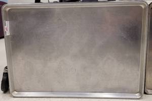 lot 482 image: (4) COMMERCIAL GRADE STAINLESS STEEL FULL SHEET BAKING PANS AS SHOWN. EACH APPROX. 26 W x 18 H. SOLD 4 X THE MONEY
