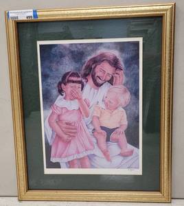 lot 499 image: DEBORAH L. ZELLER JESUS WITH THE CHILDREN FRAMED PRINT AS SHOWN. APPROX. 18 W x 22 H.