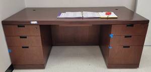 lot 506 image: WOODEN OFFICE DESK IN STYLE SHOWN. APPROX. 72 W x 29.5 H x 36 D.