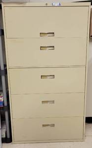 lot 519 image: 5-DRAWER METAL LATERAL FILE CABINET AS SHOWN. APPROX. 36 W x 64.5 H x 18 D.