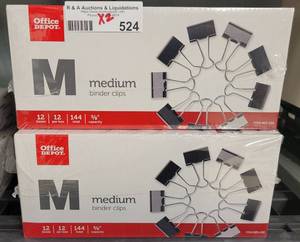 lot 524 image: (2) NEW BOXES OF OFFICE DEPOT MEDIUM BINDER CLIPS AS SHOWN. 144 PER BOX. SOLD 2 X THE MONEY