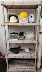 lot 535 image: 4-TIER PLASTIC SHELF UNIT WITH CONTENTS AS SHOWN. APPROX. 36 W x 72 H x 18 D.