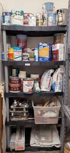 lot 537 image: ALL CONTENTS OF SHELF UNIT INCLUDING PAINTING SUPPLIES AND PAINTS AS SHOWN. SHELF NOT INCLUDED