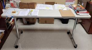 lot 545 image: HEAVY DUTY OFFICE TABLE IN STYLE SHOWN. CONTENTS NOT INCLUDED APPROX. 60 W x 31 H x 24 D.