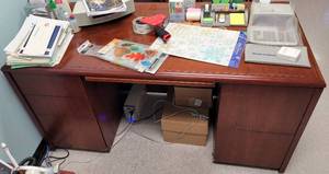 lot 420 image: WOODEN OFFICE DESK IN STYLE SHOWN. CONTENTS NOT INCLUDED