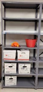 lot 564 image: LARGE METAL SHELF AS SHOWN. CONTENTS NOT INCLUDED APPROX. 36 W x 87 H x 18 D.