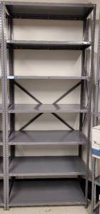 lot 565 image: LARGE METAL SHELF AS SHOWN. APPROX. 36 W x 87 H x 18 D.