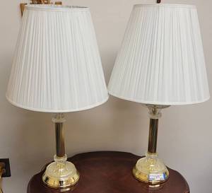 lot 573 image: (2) GOLD TONE WITH GLASS TABLE LAMPS WITH SHADES AS SHOWN. SOLD 2 X THE MONEY APPROX. 16 W x 29.5 H (WITH SHADE) EACH.