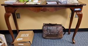 lot 577 image: ENTRY  HALLWAY DECORATIVE TABLE IN STYLE SHOWN. CONTENTS NOT INCLUDED APPROX. 48 W x 29 H x 16 D.