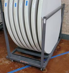 lot 582 image: LIFETIME ROLLING TABLE CART AS SHOWN. TABLES NOT INCLUDED APPROX. 32 12 W x 57 L x 39 H.