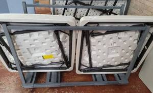 lot 588 image: LIFETIME ROLLING TABLE CART AS SHOWN. TABLES NOT INCLUDED APPROX. 32 12 W x 57 L x 39 H.