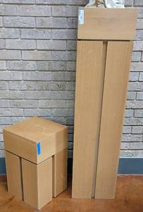 lot 593 image: (2) DECORATIVE SQUARED COLUMNS IN STYLE SHOWN. (1) 12 W x 47.5 H x 12 D AND (1) 12 W x 20 H x 12 D. SOLD 2 X THE MONEY