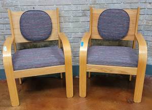 lot 594 image: (2) WOOD FRAME CHAIRS WITH UPHOLSTERED SEAT AND BACKREST IN STYLE SHOWN. EACH APPROX. 26 W x 37 H x 20 D. SOLD 2 X THE MONEY