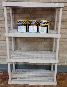lot 595 image: 3-TIER PLASTIC SHELF UNIT AS SHOWN. CONTENTS NOT INCLUDED APPROX. 36 W x 55 H x 18 D.