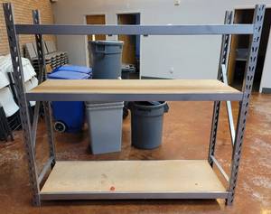 lot 602 image: HEAVY DUTY METAL SHELF UNIT WITH WOODEN INSERTS AS SHOWN. APPROX. 77 W x 72 H x 24 D. DELAYED PICK UP