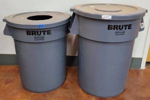 lot 603 image: (2) RUBBERMAID BRUTE COMMERCIAL TRASH CANS WITH LIDS AS SHOWN. SOLD 2 X THE MONEY