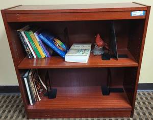 lot 627 image: (2) TIER WOODEN BOOKCASE  SHELF IN STYLE SHOWN. CONTENTS NOT INCLUDED APPROX. 36 W x 36 H x 12 D.