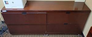 lot 628 image: 4-DRAWER WOODEN LATERAL FILE CREDENZA WITH CASTERS IN STYLE SHOWN. APPROX. 72 W x 30.5 H x 18 D.