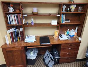 lot 630 image: WOODEN OFFICE DESK WITH HUTCH IN STYLE SHOWN. CONTENTS NOT INCLUDED APPROX. 79 W x 64 H x 18 D.