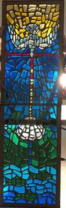 lot 639 image: VINTAGE 1970S UNIQUE 2-PIECE STAINED GLASS WINDOW PANES IN STYLE  DESIGN SHOWN. THIS FABULOUS PIECE CAME FROM THE ORIGINAL CHURCH AND WAS MADE BY SMITH STAINED GLASS STUDIOS IN FT. WORTH - 1977. APPROX. 20 12 x 64. MUST SEE