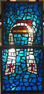 lot 641 image: VINTAGE 1970S UNIQUE 2-PIECE STAINED GLASS WINDOW PANES IN STYLE  DESIGN SHOWN. THIS FABULOUS PIECE CAME FROM THE ORIGINAL CHURCH AND WAS MADE BY SMITH STAINED GLASS STUDIOS IN FT. WORTH - 1977. APPROX. 27 18 x 56. MUST SEE