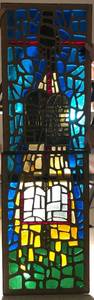 lot 644 image: VINTAGE 1970S UNIQUE 2-PIECE STAINED GLASS WINDOW PANES IN STYLE  DESIGN SHOWN. THIS FABULOUS PIECE CAME FROM THE ORIGINAL CHURCH AND WAS MADE BY SMITH STAINED GLASS STUDIOS IN FT. WORTH - 1977. APPROX. 21 x 68 38. MUST SEE