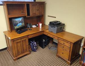 lot 666 image: WOODEN OFFICE L-SHAPE DESK WITH HUTCH IN STYLE SHOWN. CONTENTS NOT INCLUDED APPROX. 67. 5 W x 66.5 H x 29 D. (L SECTION) 44.5 W x 29 H x 22 D.