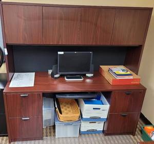lot 671 image: OFFICE DESK WITH HUTCH IN STYLE SHOWN. APPROX. 66.25 W x 65.25 H x 24 D.