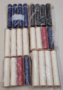 lot 689 image: (6) STACKS OF PLASTIC CASINO CHIPS WITH WOODEN RACKS AS SHOWN. SOLD 6 X THE MONEY
