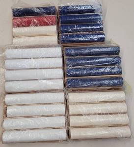 lot 690 image: (6) STACKS OF PLASTIC CASINO CHIPS WITH WOODEN RACKS AS SHOWN. SOLD 6 X THE MONEY