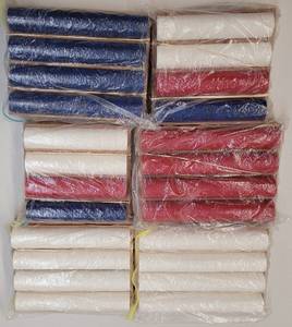 lot 699 image: (6) STACKS OF PLASTIC CASINO CHIPS WITH WOODEN RACKS AS SHOWN. SOLD 6 X THE MONEY