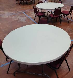 lot 710 image: (2) LIFETIME FOLDING ROUND TABLES AS SHOWN. EACH APPROX. 58.5 DIAMETER. SOLD 2 X THE MONEY