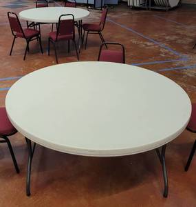lot 712 image: (2) LIFETIME FOLDING ROUND TABLES AS SHOWN. EACH APPROX. 58.5 DIAMETER. SOLD 2 X THE MONEY