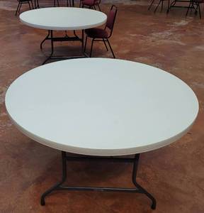 lot 713 image: (2) LIFETIME FOLDING ROUND TABLES AS SHOWN. EACH APPROX. 58.5 DIAMETER. SOLD 2 X THE MONEY