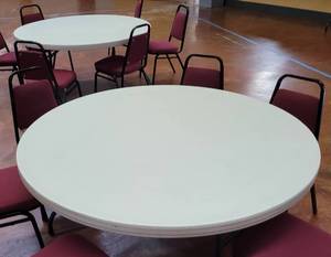 lot 714 image: (2) LIFETIME FOLDING ROUND TABLES AS SHOWN. EACH APPROX. 58.5 DIAMETER. SOLD 2 X THE MONEY