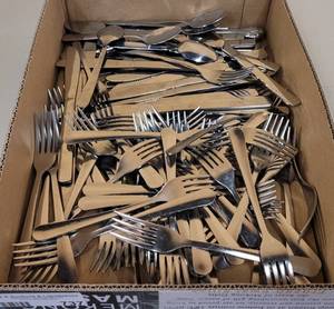 lot 737 image: (100) MIXED STAINLESS STEEL FLATWARE AS SHOWN.