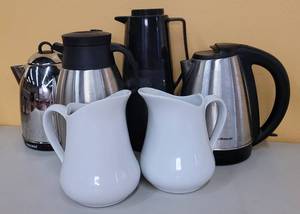 lot 739 image: CERAMIC PITCHERS PLUS COFFEE CARAFES AS SHOWN.