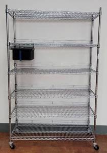 lot 745 image: 5-TIER METRO RACK WITH CUSTOM DRAWER ON CASTERS AS SHOWN. APPROX. 48 W x 18 D x 76 H. DELAYED PICK UP