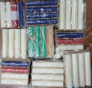 lot 765 image: (9) STACKS OF PLASTIC CASINO CHIPS WITH WOODEN RACKS AS SHOWN. SOLD 9 X THE MONEY