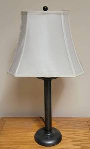 lot 772 image: METAL BASE TABLETOP LAMP IN STYLE SHOWN. APPROX. 14 W x 27 H (WITH SHADE)