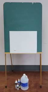 lot 787 image: FOLDING PORTABLE CHALKBOARD, SMALL DRY ERASE BOARD AND BOARD CLEANERS AS SHOWN.